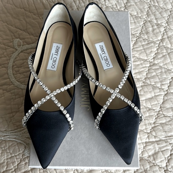 Jimmy Choo Shoes - Jimmy Choo Black Satin Pointed Flats with Crystal Cross-Strap Detail